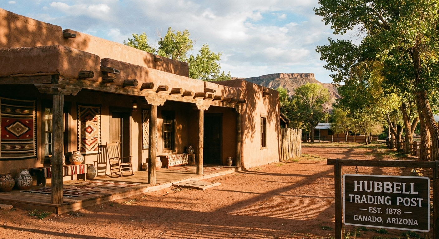 A real photograph of the historic Hubbell home at Hubbell Trading Post in Ganado, Arizona, showing the adobe style exterior and shaded porch in afternoon light