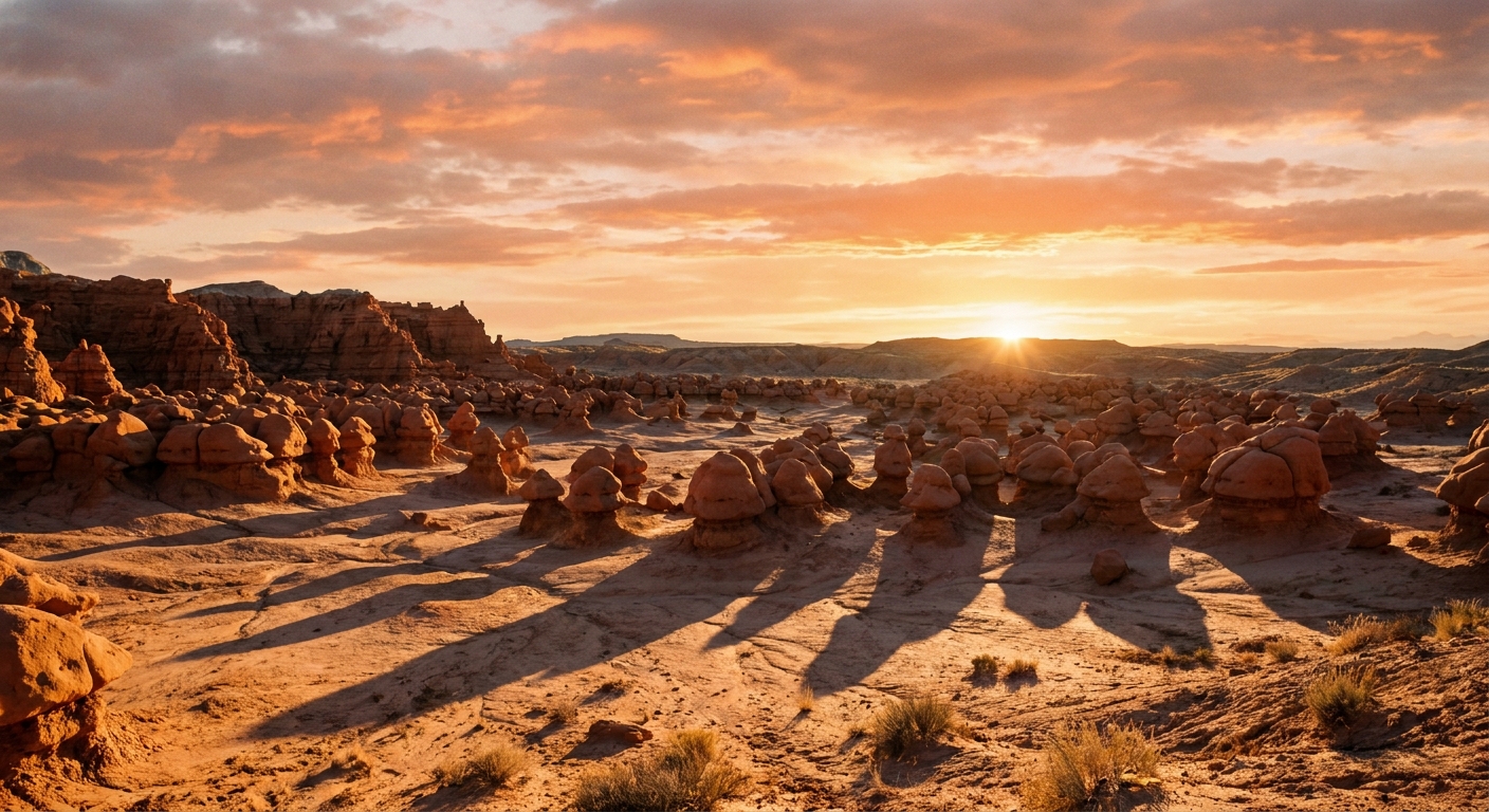 A real photograph of the main valley in Goblin Valley State Park at sunset, with rounded hoodoos casting long shadows across sandy ground under a warm orange sky