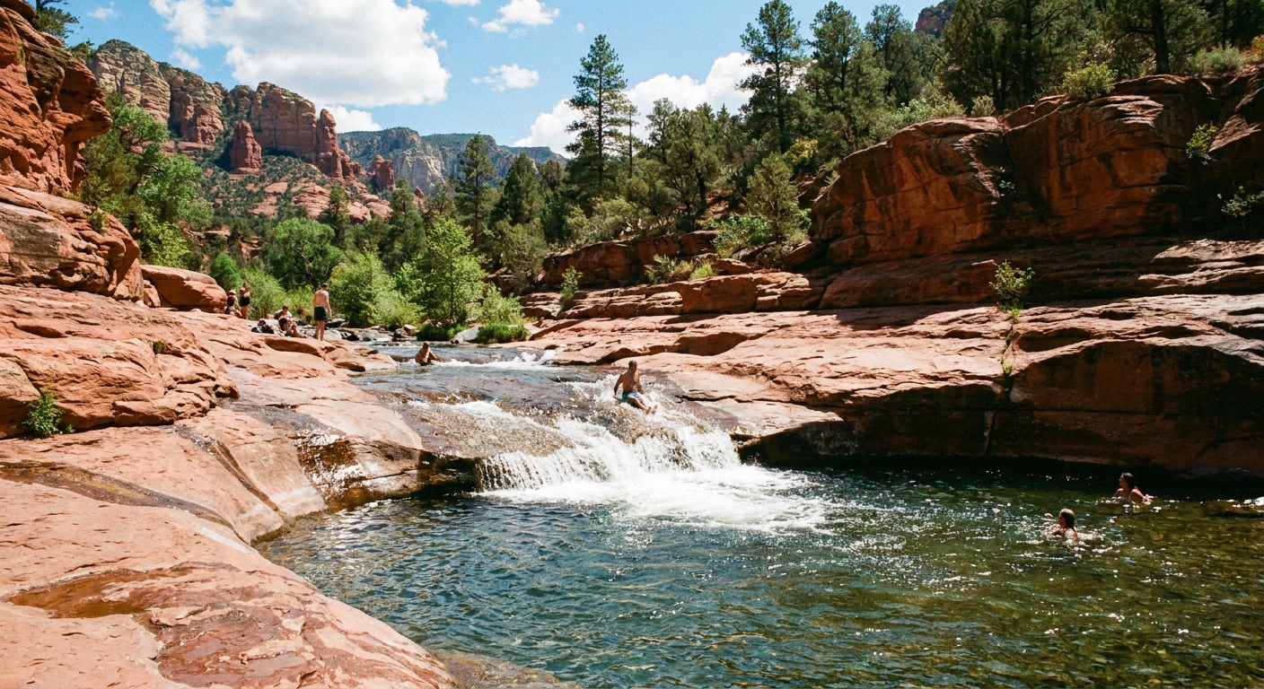 A real photograph of the natural red sandstone slide at Slide Rock State Park with Oak Creek flowing over smooth rock into a small pool