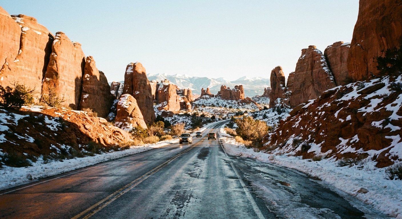 A real photograph of the paved Arches Scenic Drive with patches of snow and ice along the shoulders, red sandstone fins on both sides, and a winter sun low in the sky