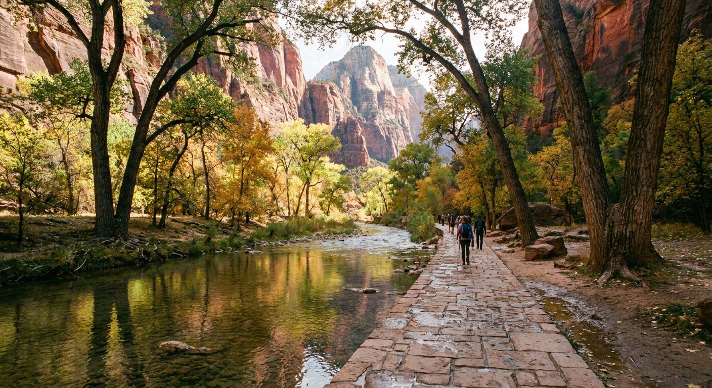 A real photograph of the paved Riverside Walk in Zion National Park beside the Virgin River, with cottonwood trees framing towering canyon walls in the background