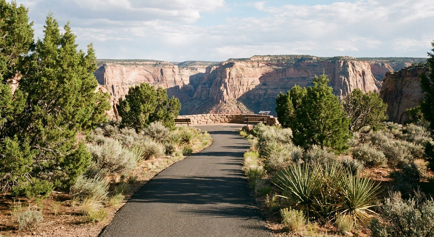 A real photograph of the paved Sandal Trail leading toward a canyon rim overlook at Navajo National Monument, with desert shrubs and sandstone canyon walls in the distance