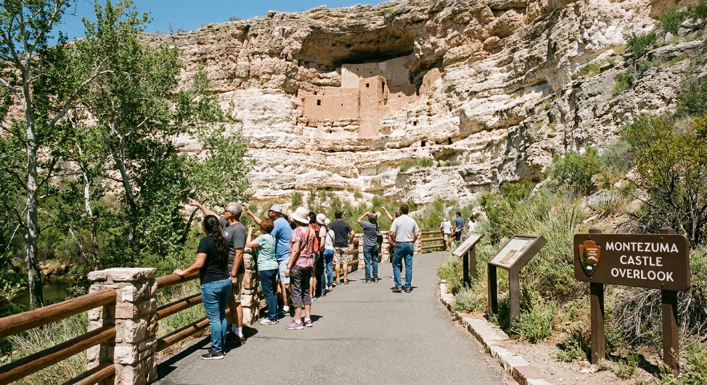 A real photograph of the paved trail overlook at Montezuma Castle National Monument with visitors standing at a railing looking up toward the cliff dwelling