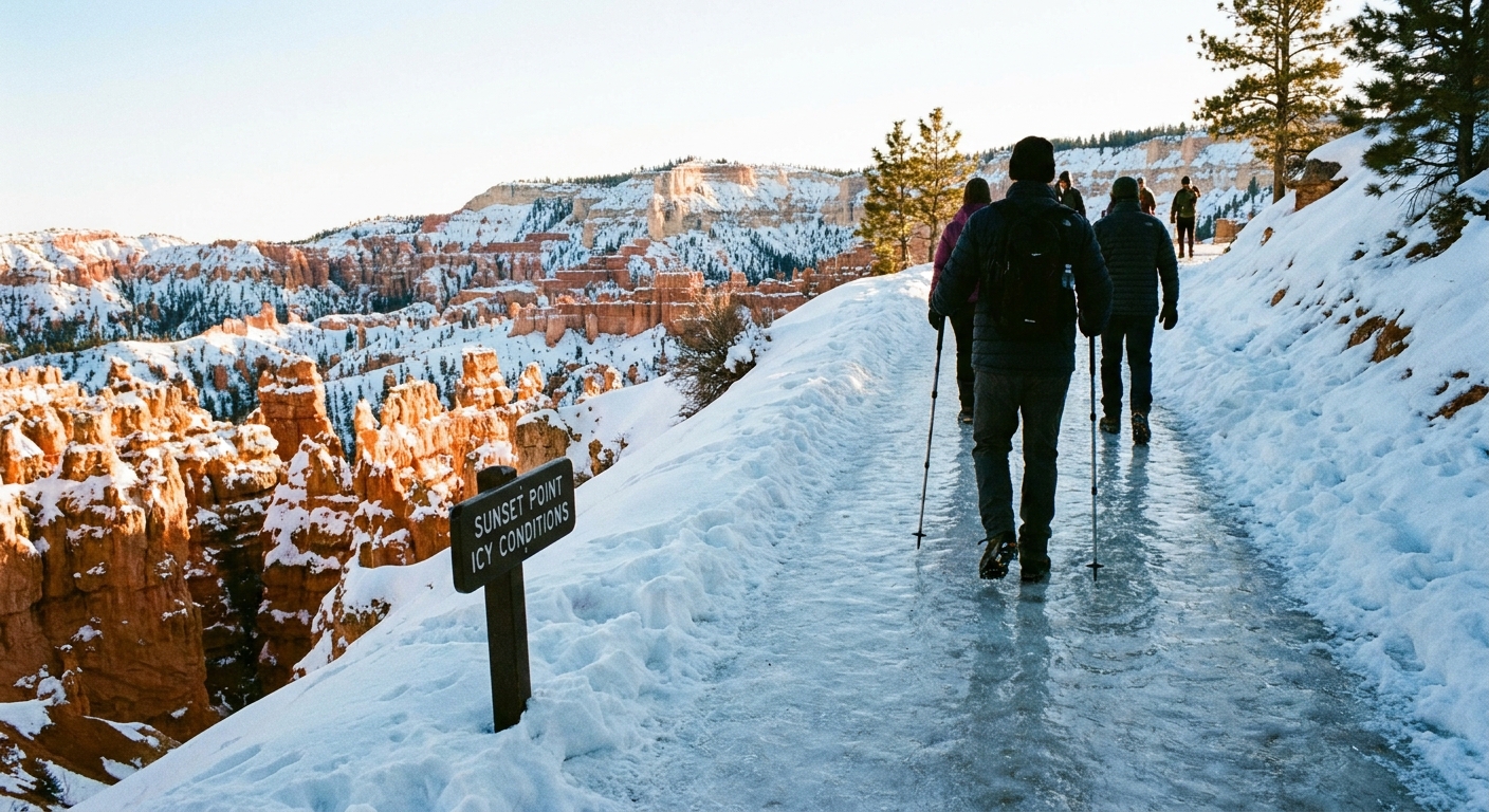 A real photograph of the paved walkway at Sunset Point in Bryce Canyon National Park with compact snow and a glossy layer of ice, winter conditions