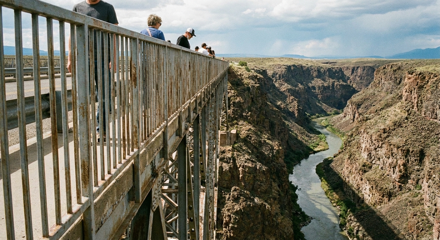 A real photograph of the pedestrian walkway on the Rio Grande Gorge Bridge near Taos, New Mexico, with steel railings and a dramatic view into the canyon