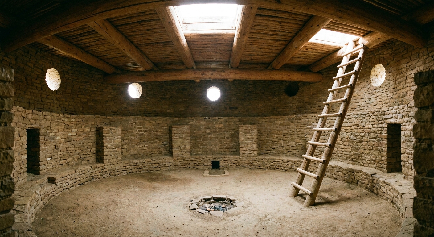 A real photograph of the reconstructed Great Kiva interior at Aztec Ruins National Monument in New Mexico, showing the circular stone walls, wooden roof beams, and ladder entry, softly lit