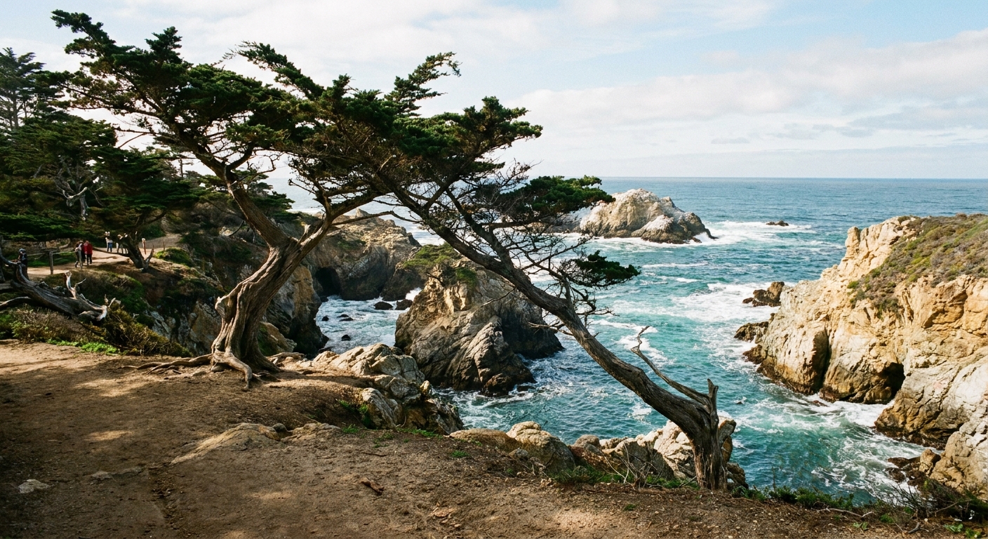 A real photograph of the rocky coastline at Point Lobos with wind-bent cypress trees above turquoise water, taken from a coastal trail overlook in daylight