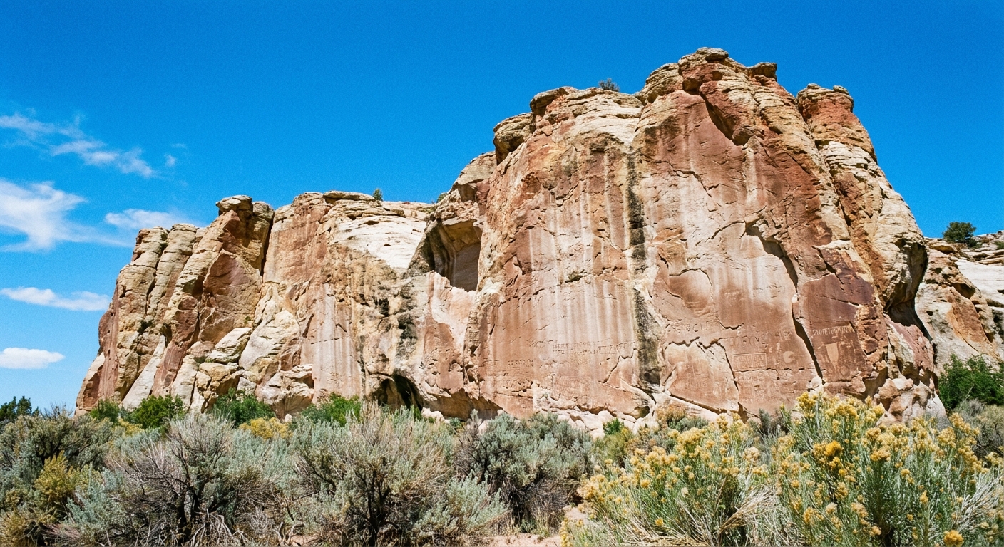 A real photograph of the sandstone bluff at El Morro National Monument in New Mexico, with desert shrubs in the foreground and the rock face rising under a bright blue sky