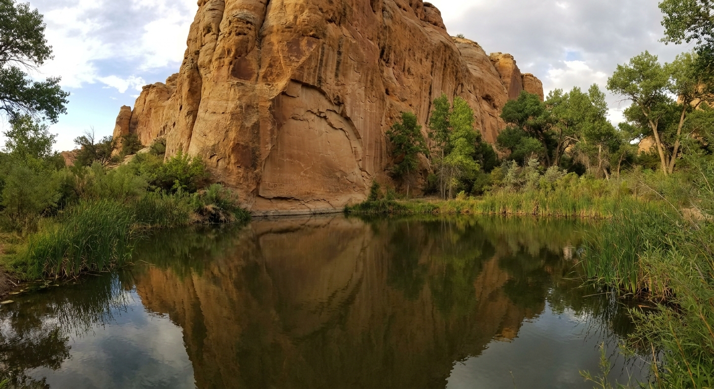A real photograph of the small oasis pool at the base of Inscription Rock at El Morro National Monument, with green vegetation surrounding reflective water beneath the sandstone cliff
