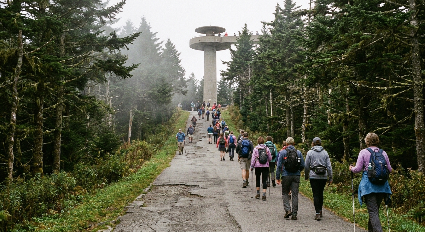 A real photograph of the steep paved path leading from the Clingmans Dome parking area toward the tower, with hikers walking uphill and evergreen forest on both sides