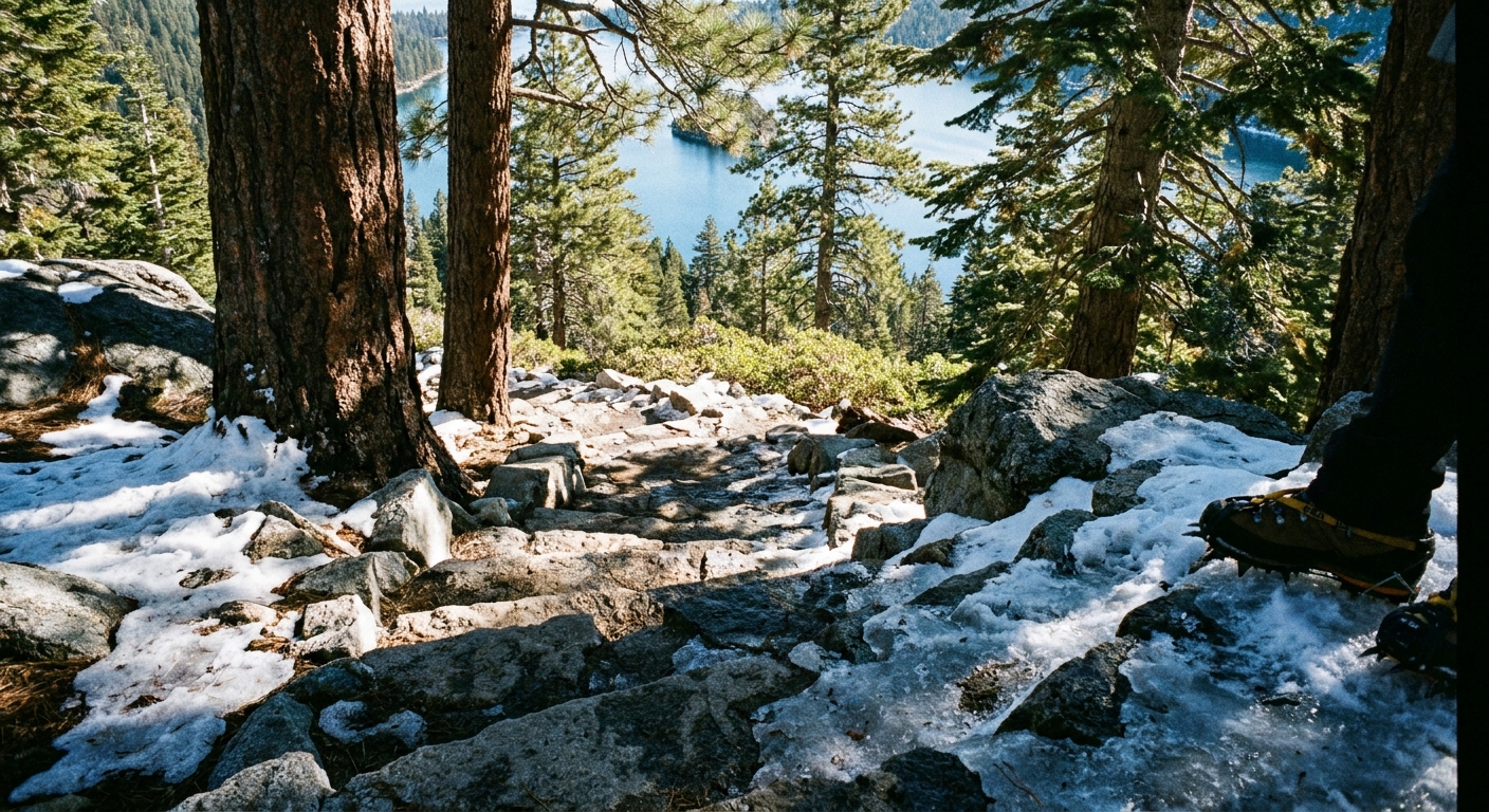 A real photograph of the steep stair section on the trail to Vikingsholm in Emerald Bay, with patches of lingering snow and ice in shaded areas beside pine trees