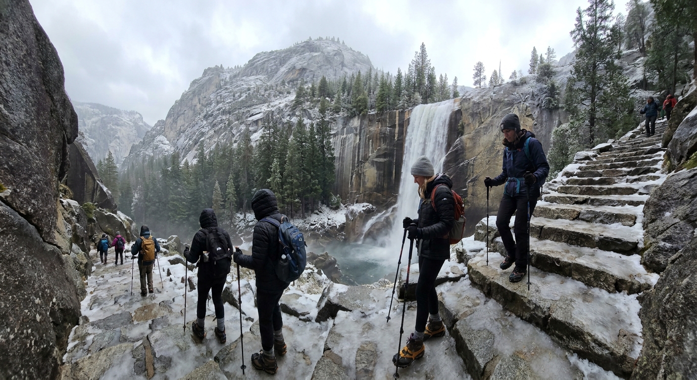 A real photograph of the stone steps on the Mist Trail coated with patches of ice near Vernal Fall in Yosemite, hikers moving carefully with traction devices