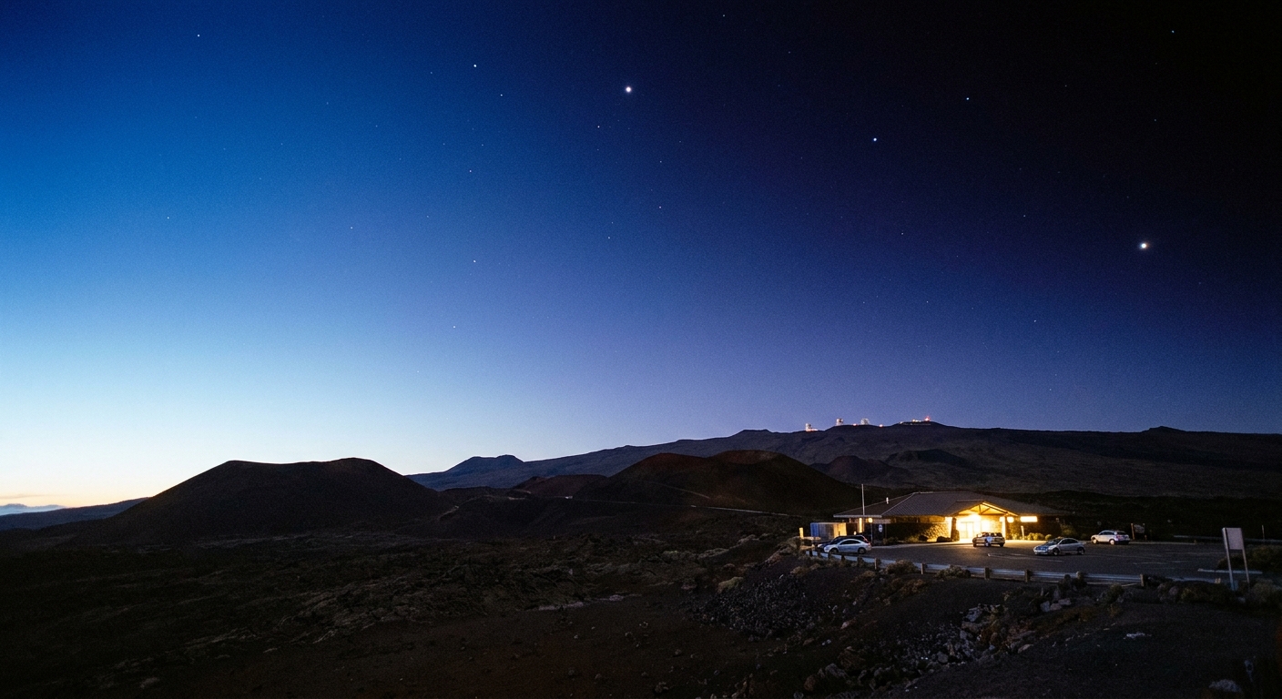 A real photograph of the twilight sky transitioning to early night near the Mauna Kea Visitor Information Station, with a few bright stars appearing above the dark volcanic landscape