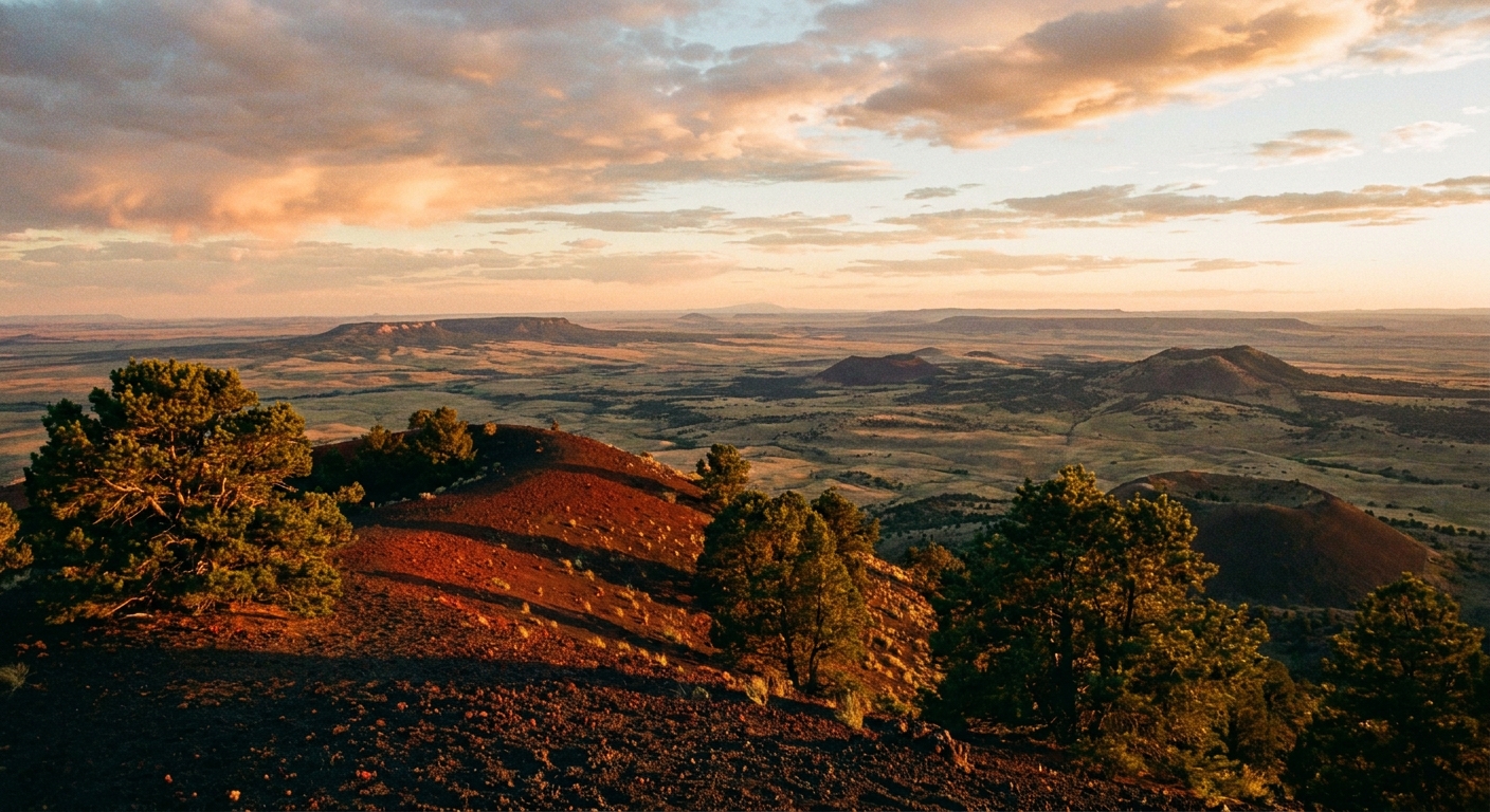 A real photograph of the view from Capulin Volcano rim at golden hour, with warm light on the volcanic cinders and a distant horizon of plains and mesas under a partly cloudy sky