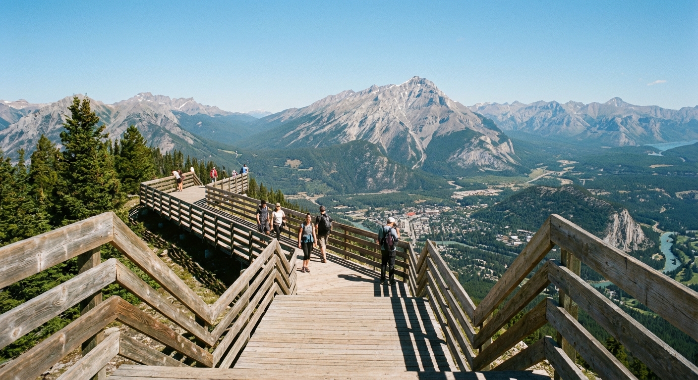 A real photograph of the wooden boardwalk at Sulphur Mountain summit with railings and expansive views over the Bow Valley on a clear day