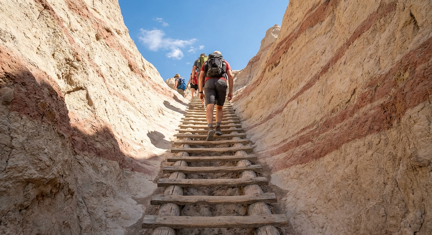 A real photograph of the wooden ladder on the Notch Trail in Badlands National Park, with hikers climbing up between pale tan and red-striped rock walls under a bright summer sky