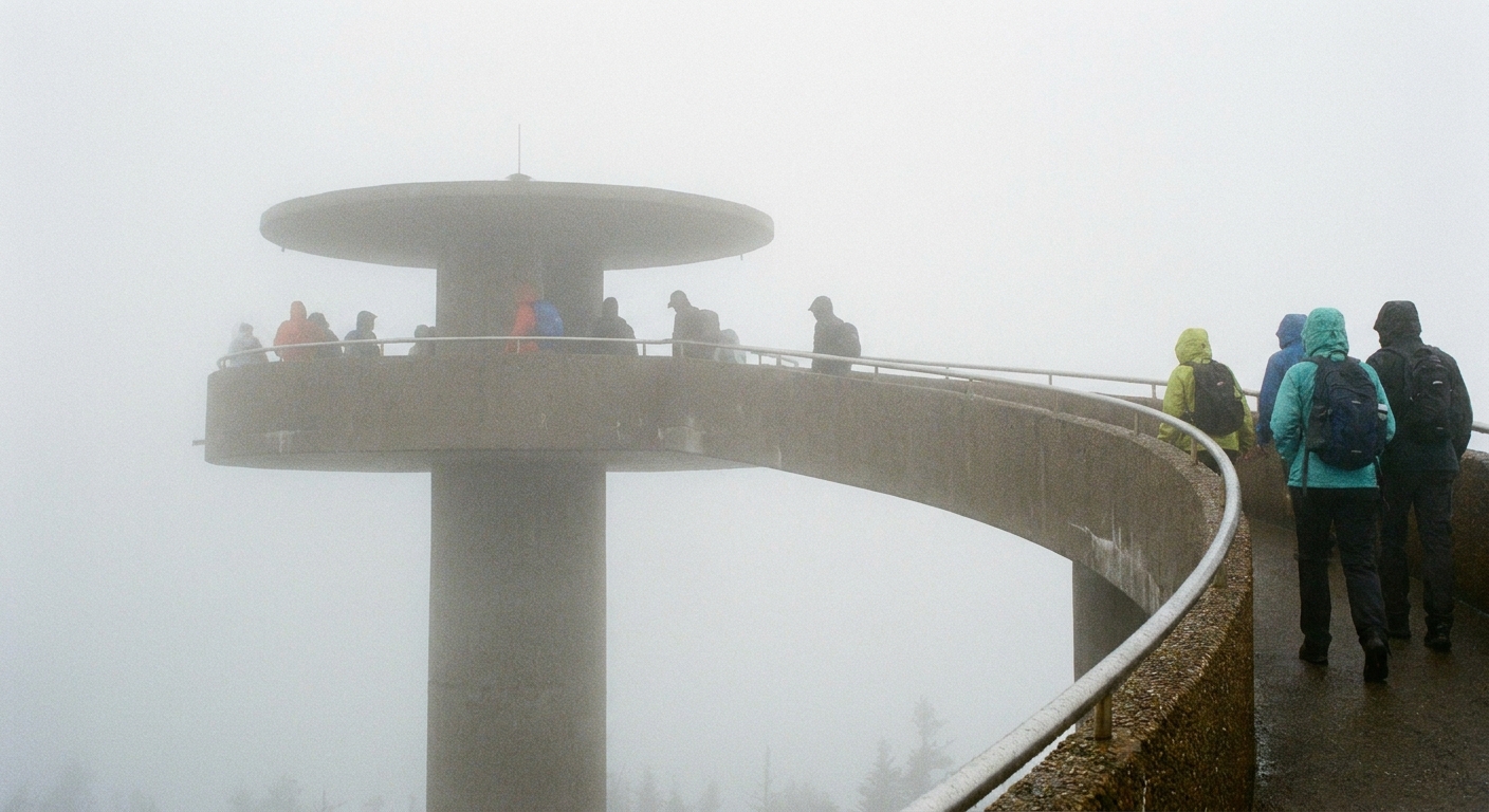 A real photograph of thick fog rolling past the Clingmans Dome observation tower with visitors in jackets appearing and disappearing in the mist