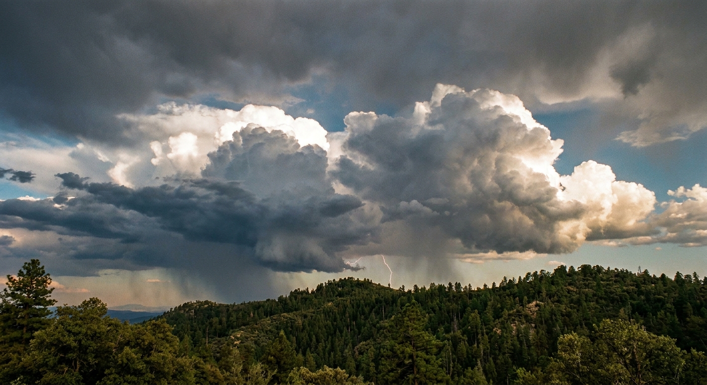 A real photograph of towering monsoon thunderclouds building over Mount Lemmon with dark clouds, sunlit edges, and the forested ridgeline in the foreground
