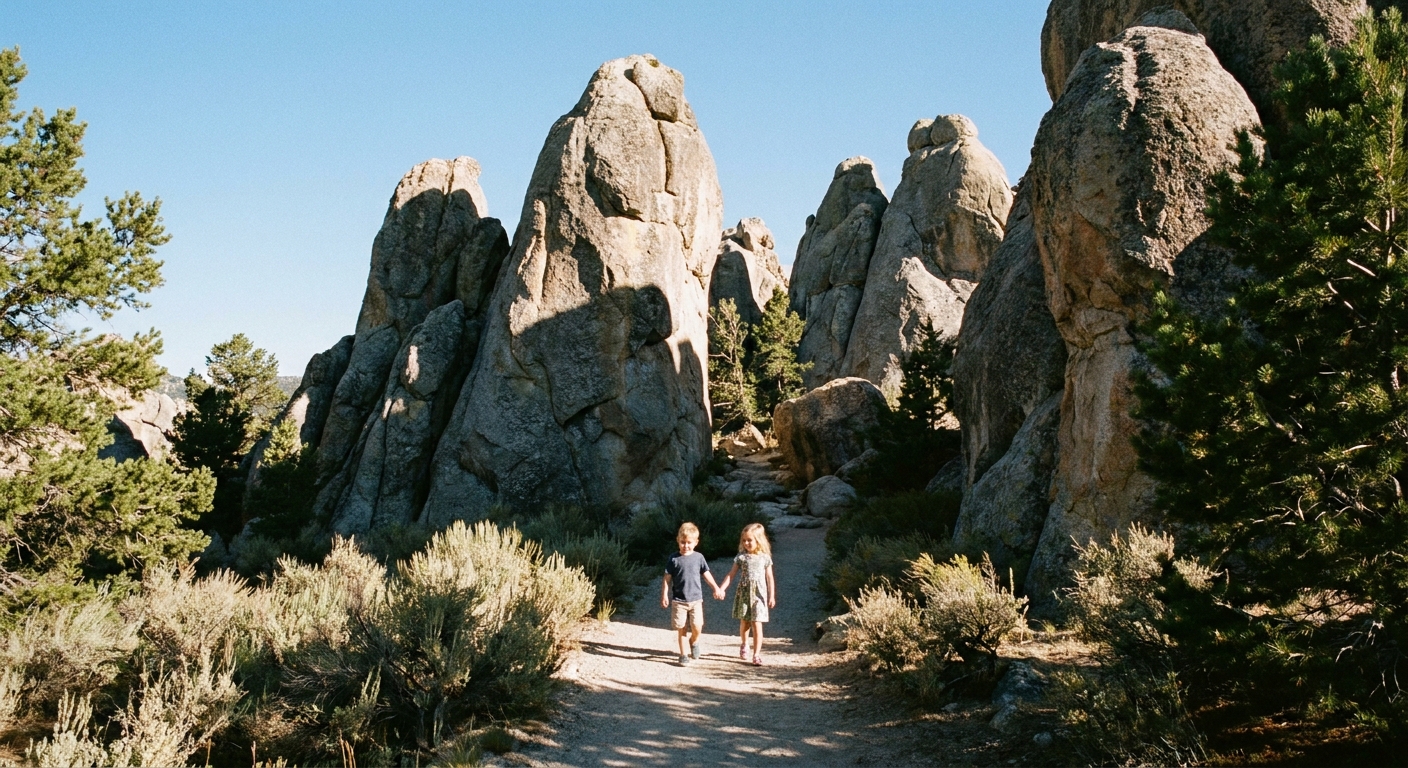 A real photograph of two children walking on a narrow dirt path between tall granite spires at City of Rocks National Reserve under clear afternoon skies