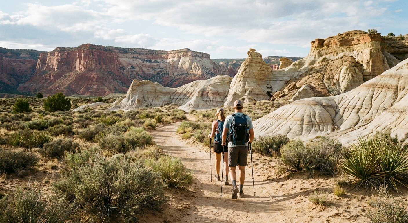 A real photograph of two hikers walking a sandy desert trail toward pale, layered badlands near Kanab, with low shrubs and distant cliffs in the background