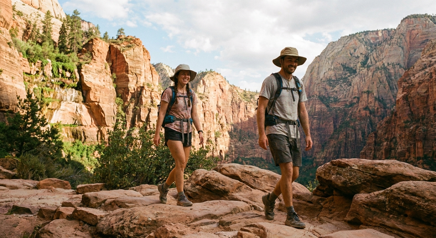 A real photograph of two hikers wearing small daypacks and sun hats walking on a rocky section of the Emerald Pools trail with towering red sandstone cliffs in the background