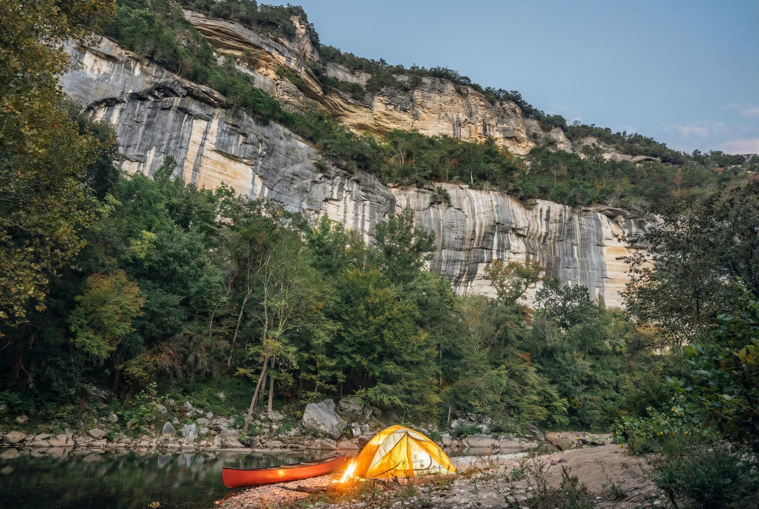 A real photograph of two people paddling a canoe on the Buffalo National River with tall limestone bluffs rising above calm green water