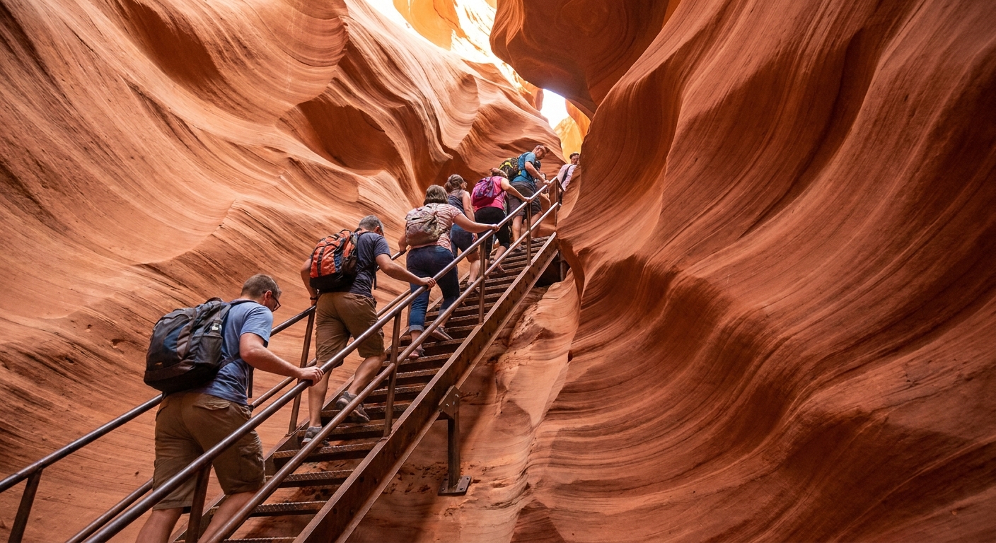 A real photograph of visitors descending metal stairs into Lower Antelope Canyon, surrounded by narrow, curving orange sandstone walls in Page, Arizona