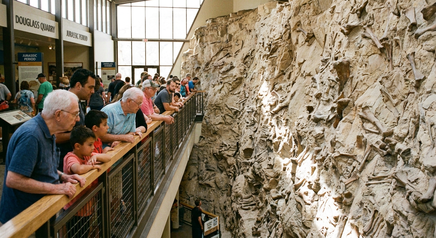A real photograph of visitors leaning on the railing inside the Quarry Exhibit Hall while looking down at dinosaur bones embedded in the rock wall