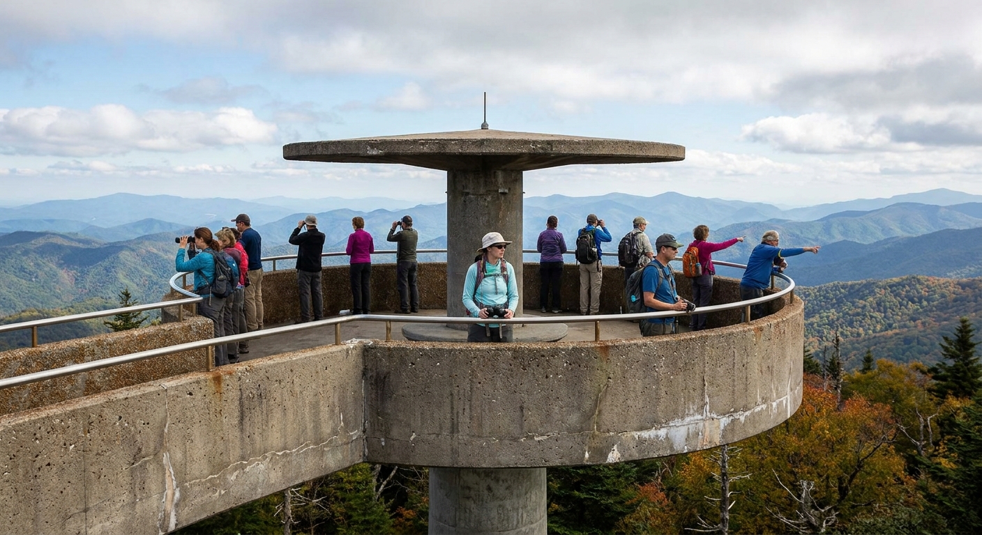 A real photograph of visitors on the Clingmans Dome observation tower calmly taking turns at the railing with mountains visible in the distance