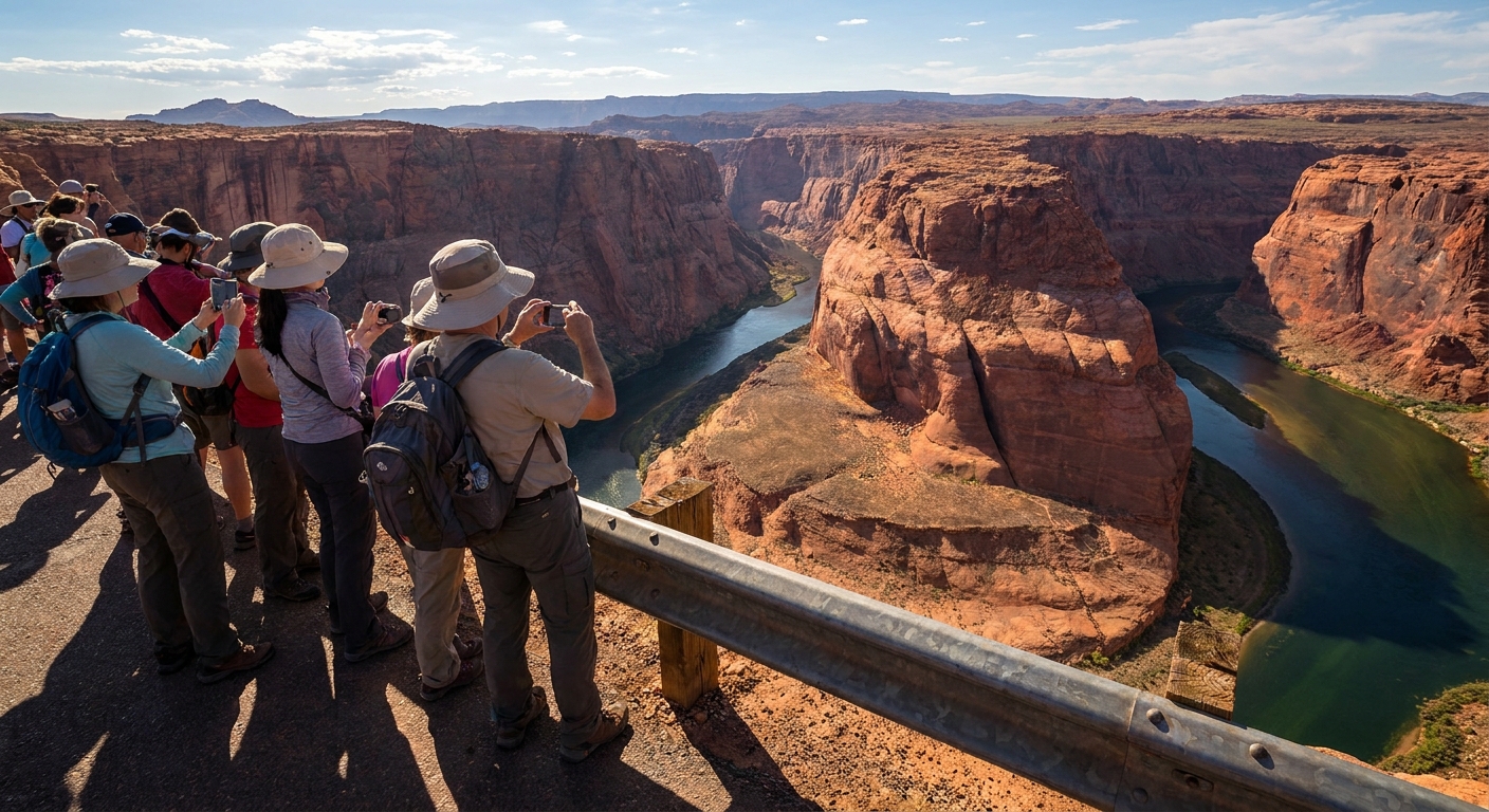 A real photograph of visitors standing behind a metal guardrail at the Horseshoe Bend overlook near Page, Arizona, with the canyon and river visible beyond