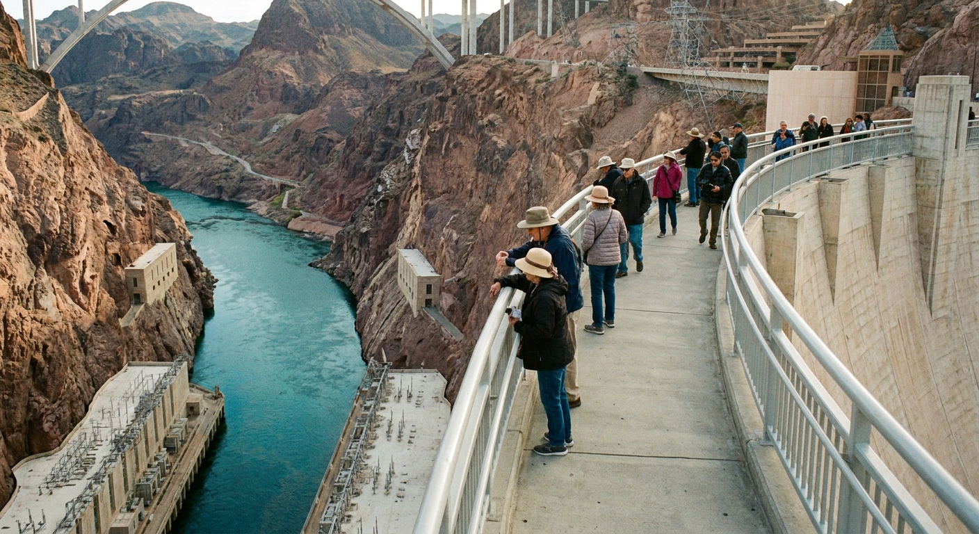 A real photograph of visitors walking along the Hoover Dam pedestrian walkway with railings, desert cliffs, and the Colorado River far below