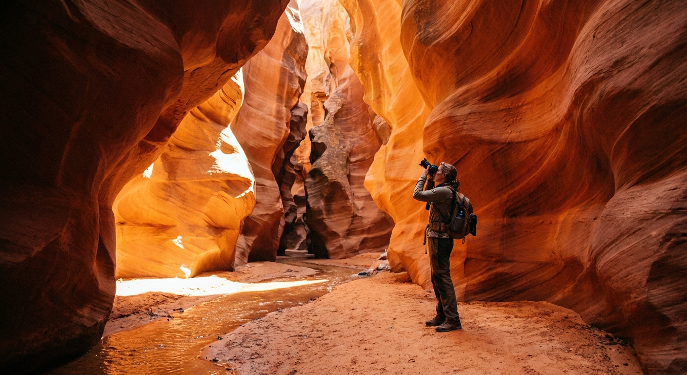 A real photograph of warm reflected sunlight glowing on the smooth sandstone walls of Willis Creek Slot Canyon, with a single hiker paused to take a photo