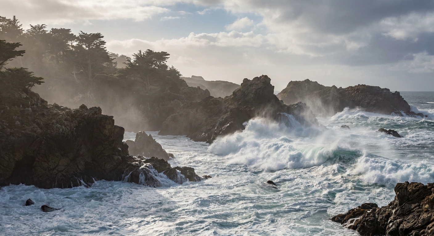 A real photograph of waves surging against jagged coastal rocks at Point Lobos during a higher tide with sea spray in the air