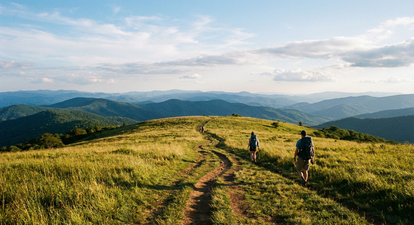 A real photograph on Max Patch bald with a grassy hilltop, a winding trail cutting through the grass, and expansive mountain views under a wide sky