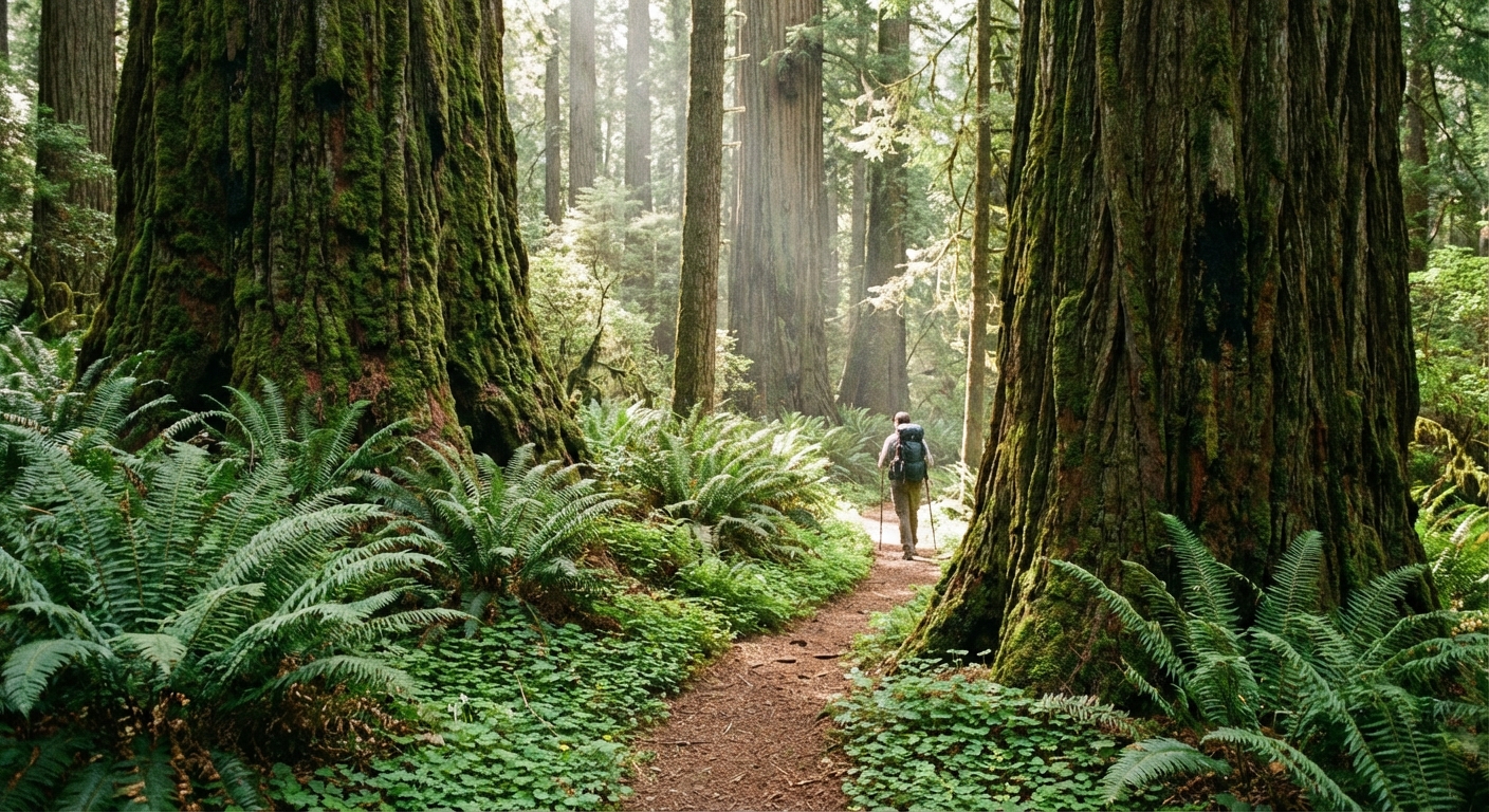 A real photograph on the Boy Scout Tree Trail in Jedediah Smith Redwoods State Park, showing a narrow path through thick ferns and massive redwood trunks