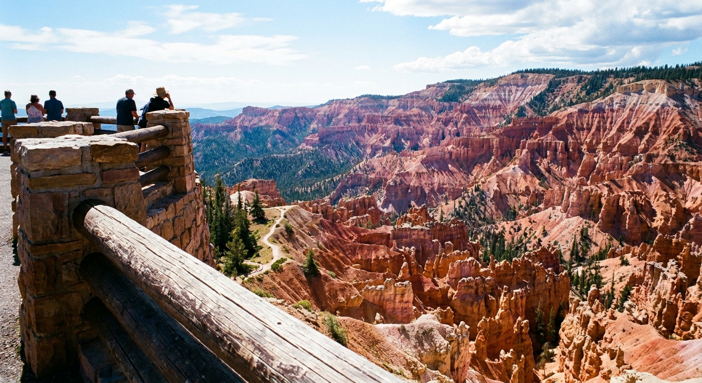 A real photograph taken at Point Supreme Overlook at Cedar Breaks, with a stone railing in the foreground and the colorful amphitheater stretching out under bright afternoon light