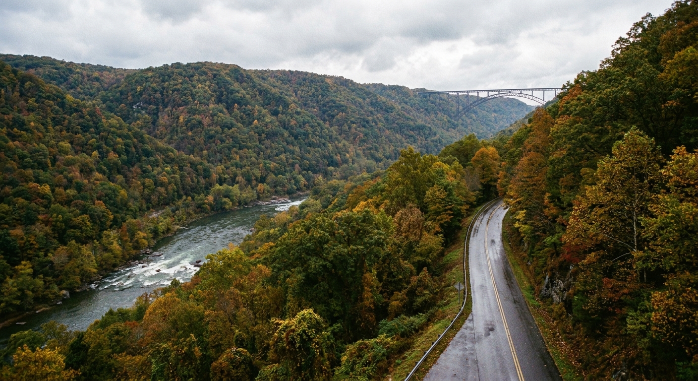 A real photograph taken from Fayette Station Road near the river, showing a narrow paved road curving beside forested slopes with the New River visible below