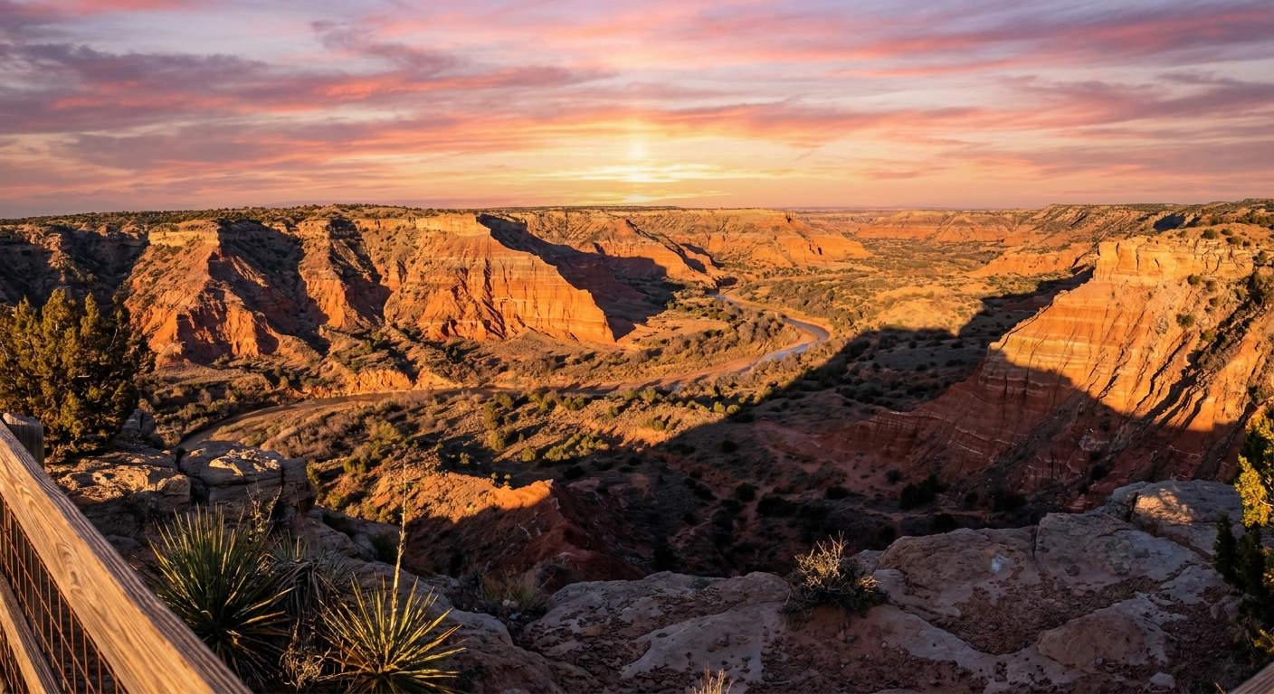 A real photograph taken from a Palo Duro Canyon rim overlook at sunset, showing layered red canyon walls and long shadows across the landscape