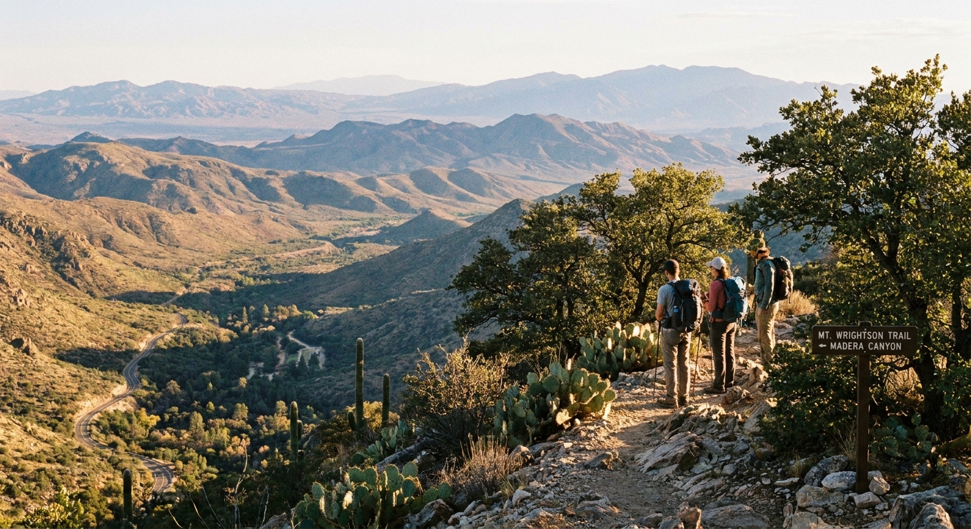 A real photograph taken from a ridge trail in the Santa Rita Mountains above Madera Canyon, showing hikers looking out over layered desert valleys and distant mountain ranges