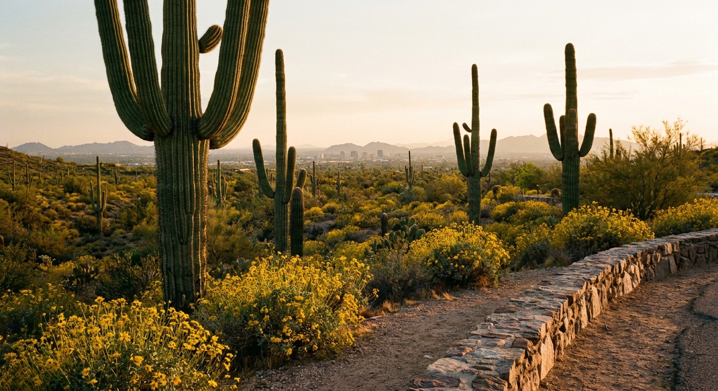 A real photograph taken from a scenic pullout along Bajada Loop Drive in Saguaro National Park West near Tucson, with saguaros in the foreground and yellow brittlebush flowers scattered across the desert