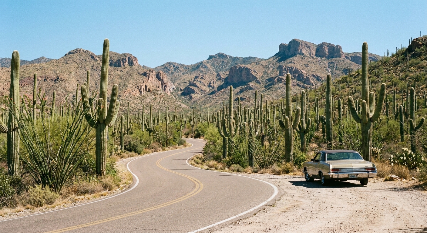 A real photograph taken from a scenic pullout in Saguaro National Park's Tucson Mountain District, showing a paved road curving through a dense saguaro forest under a clear blue sky