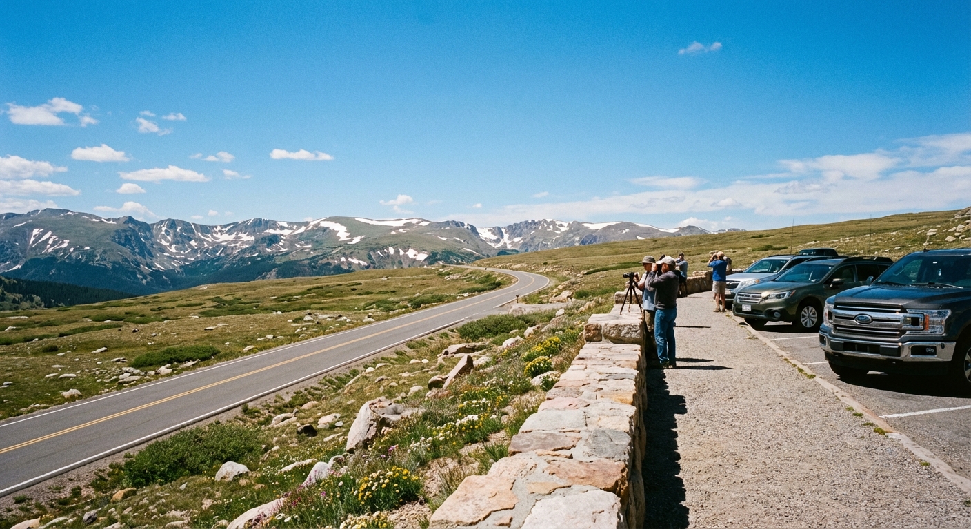 A real photograph taken from an overlook on Trail Ridge Road in Rocky Mountain National Park, showing a two-lane road curving through alpine tundra with distant mountain ridges under a bright blue sky, a few parked cars at the pullout, photorealistic