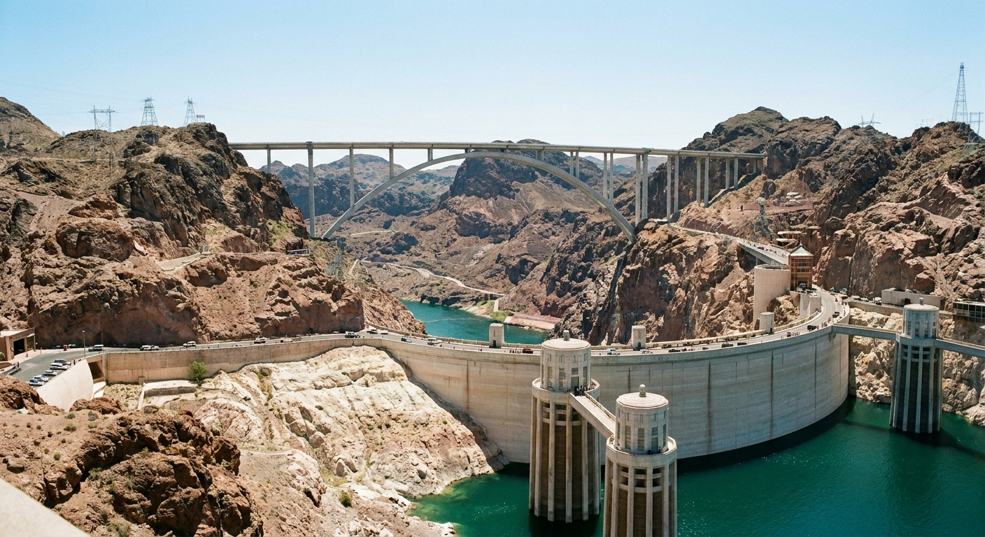 A real photograph taken from an overlook showing Hoover Dam below and the Mike O'Callaghan–Pat Tillman Memorial Bridge arching over Black Canyon in bright desert daylight
