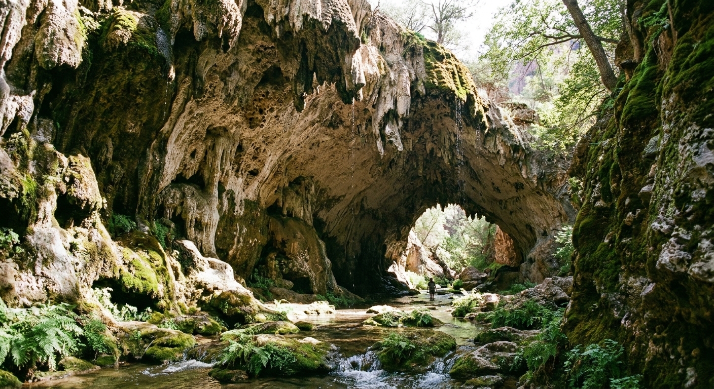 A real photograph taken from beneath Tonto Natural Bridge showing the underside of the travertine arch, a shallow creek, and mossy rock in shaded light