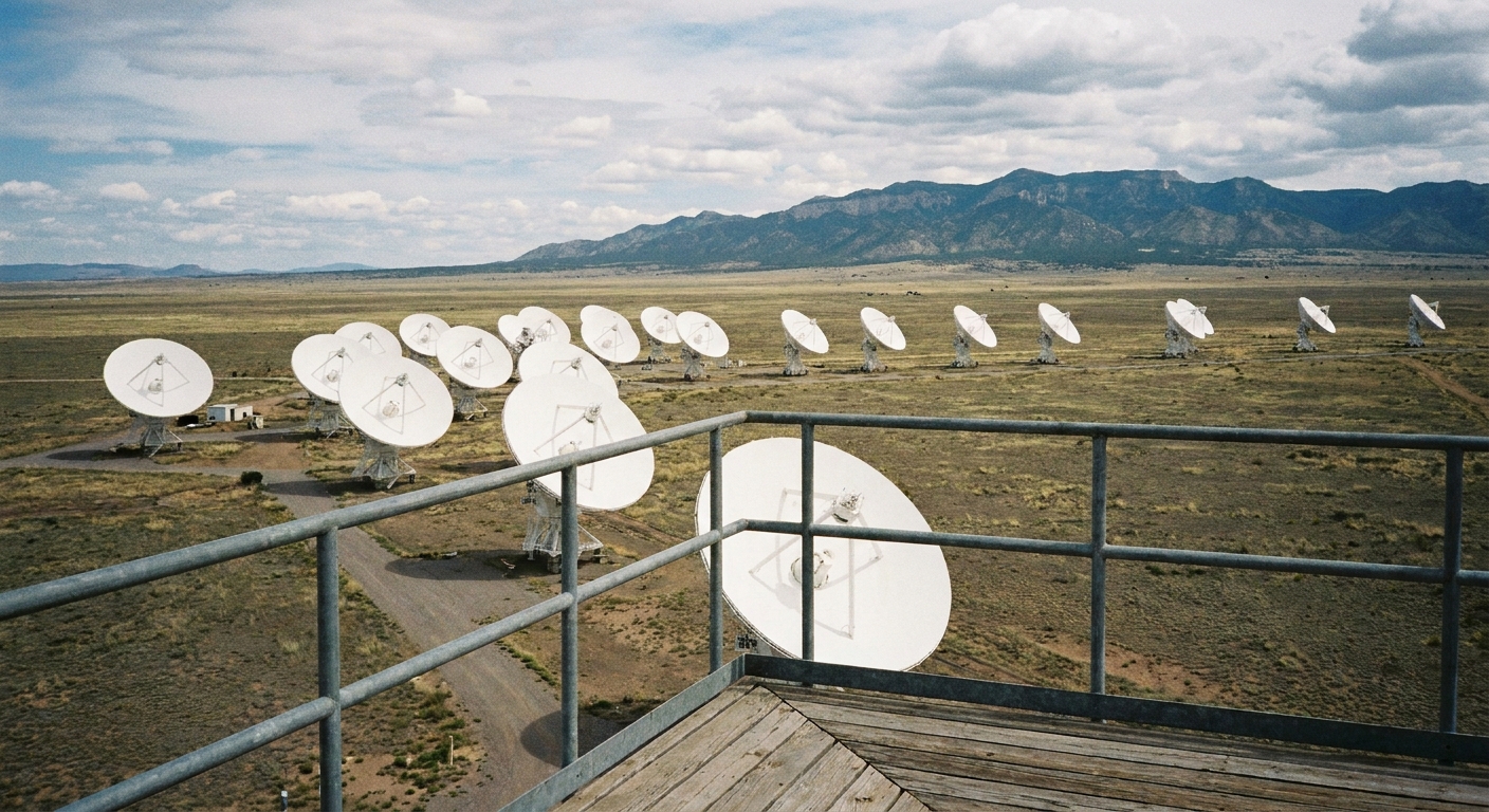 A real photograph taken from the Very Large Array observation deck showing several white radio telescope dishes spread across the plain with mountains in the background