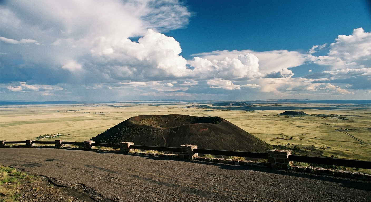 A real photograph taken from the paved Rim Drive near the top of Capulin Volcano, showing the dark volcanic cone and the vast high plains stretching to the horizon under a big New Mexico sky