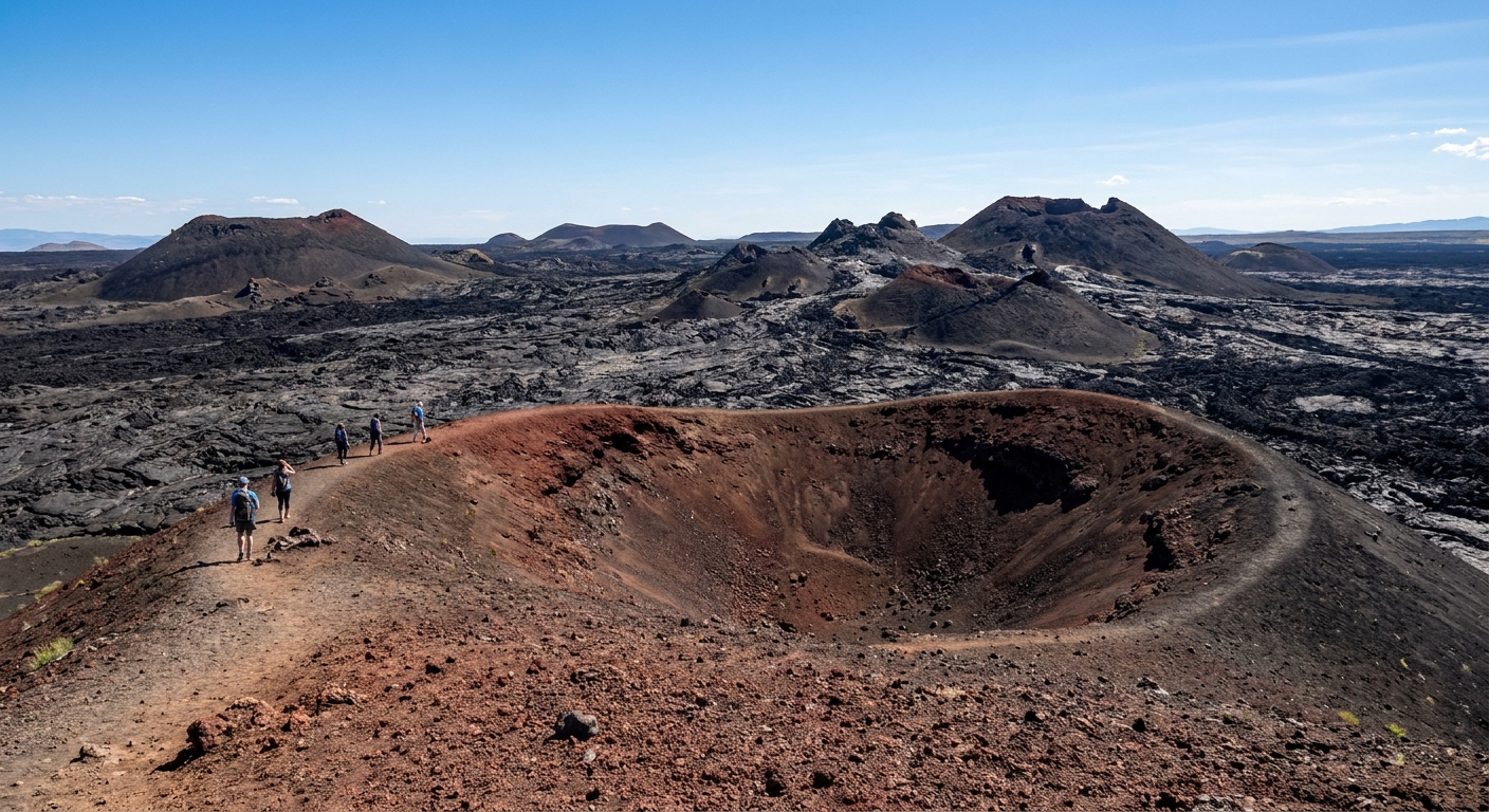 A real photograph taken from the top of Inferno Cone in Idaho, showing the rim of the cinder cone in the foreground and a wide black lava field dotted with small volcanic cones in the distance