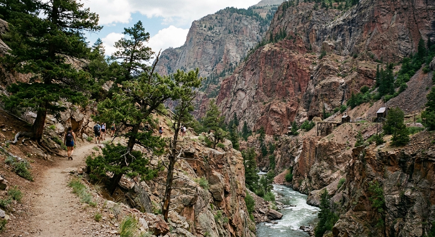 A real photograph taken on the Bear Creek Trail above Ouray showing a narrow canyon with pine trees and steep rocky walls in the distance