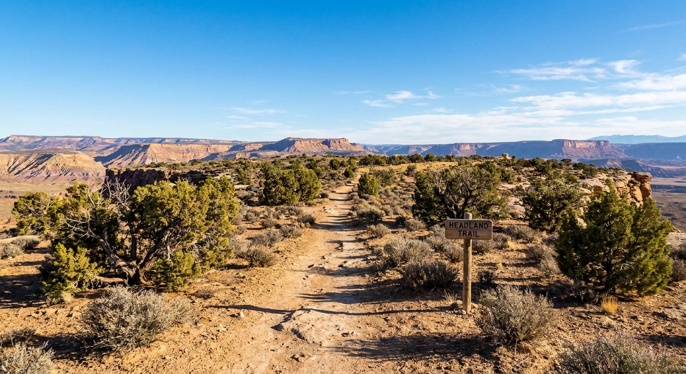 A real photograph taken on the Headland Trail showing a narrow dirt path across the mesa top with low juniper shrubs and wide views toward distant New Mexico mesas under a bright sky