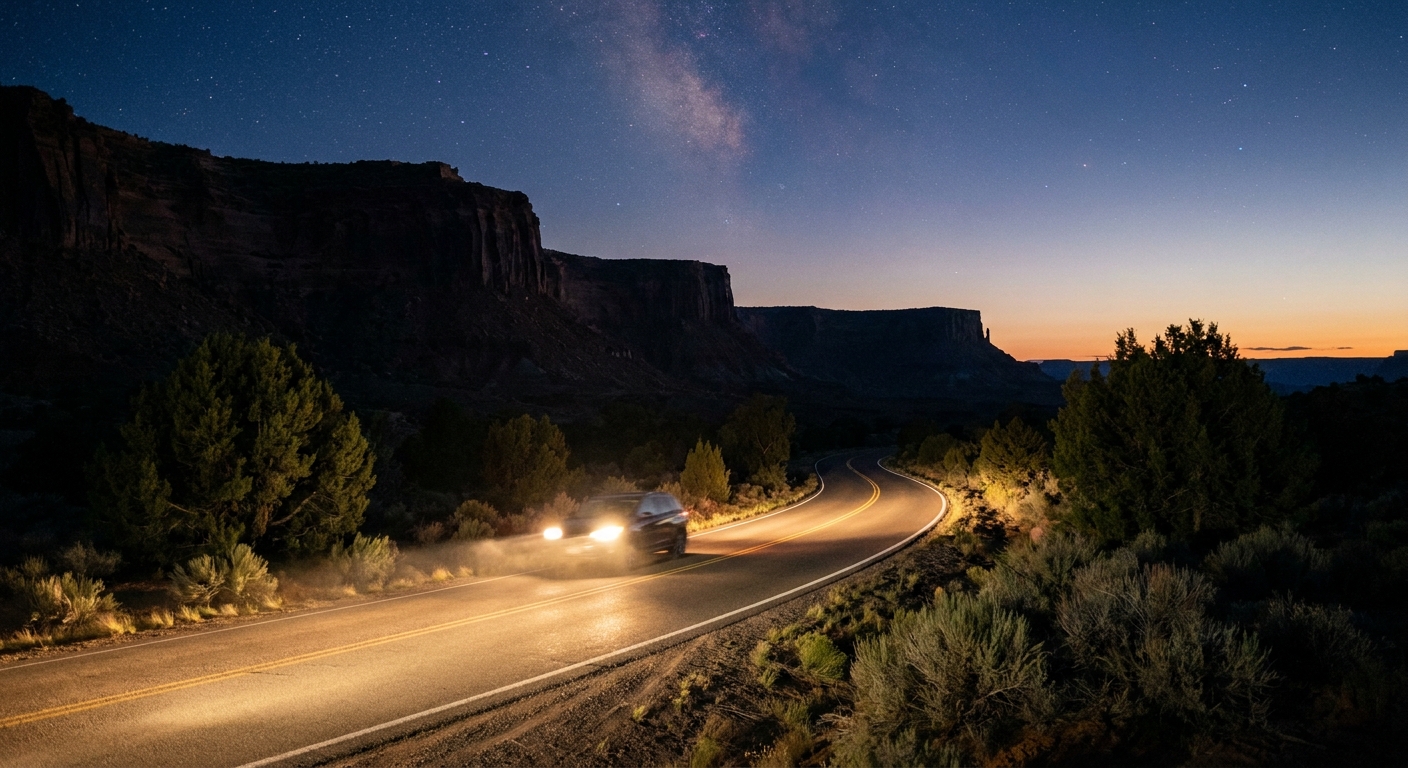 A real predawn photograph of the Island in the Sky access road in Canyonlands, with headlights on a dark two-lane desert road and faint cliffs silhouetted against the sky